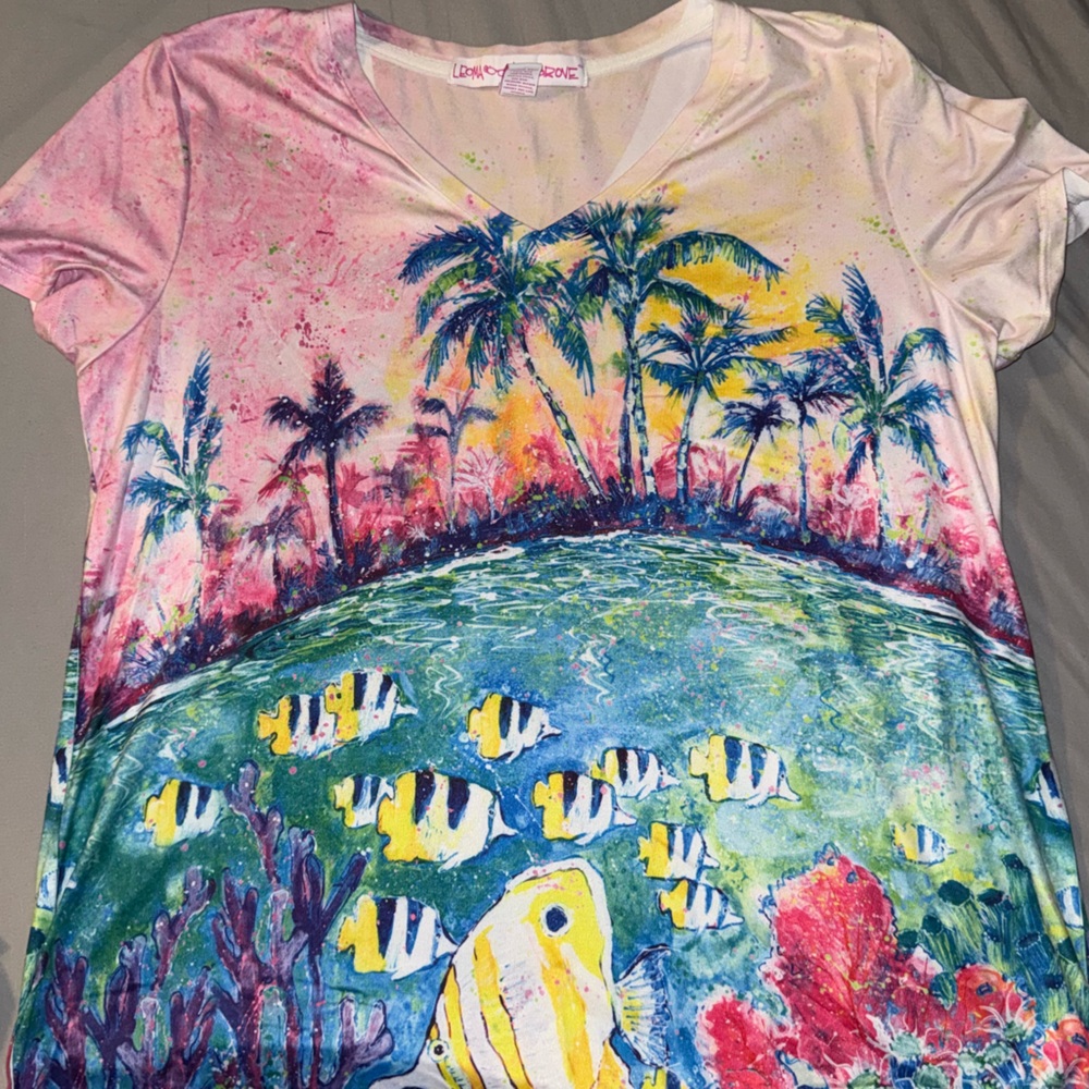 Leoma Lovegrove Colorful Palm Tree and Fish Print Pajama Top